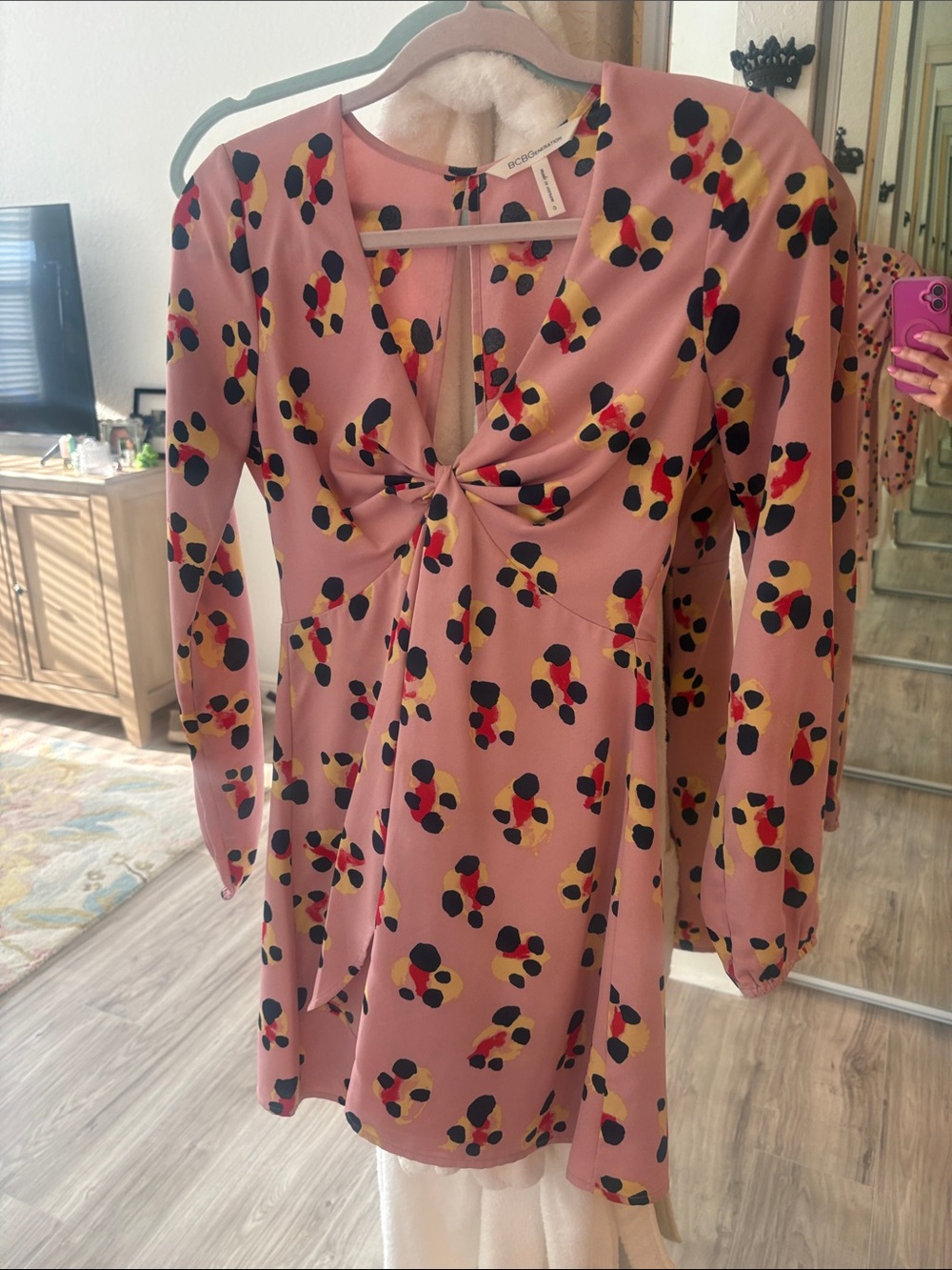 BCBG Pink Twist-Front Long-Sleeve Dress with Multicolor Spot Print